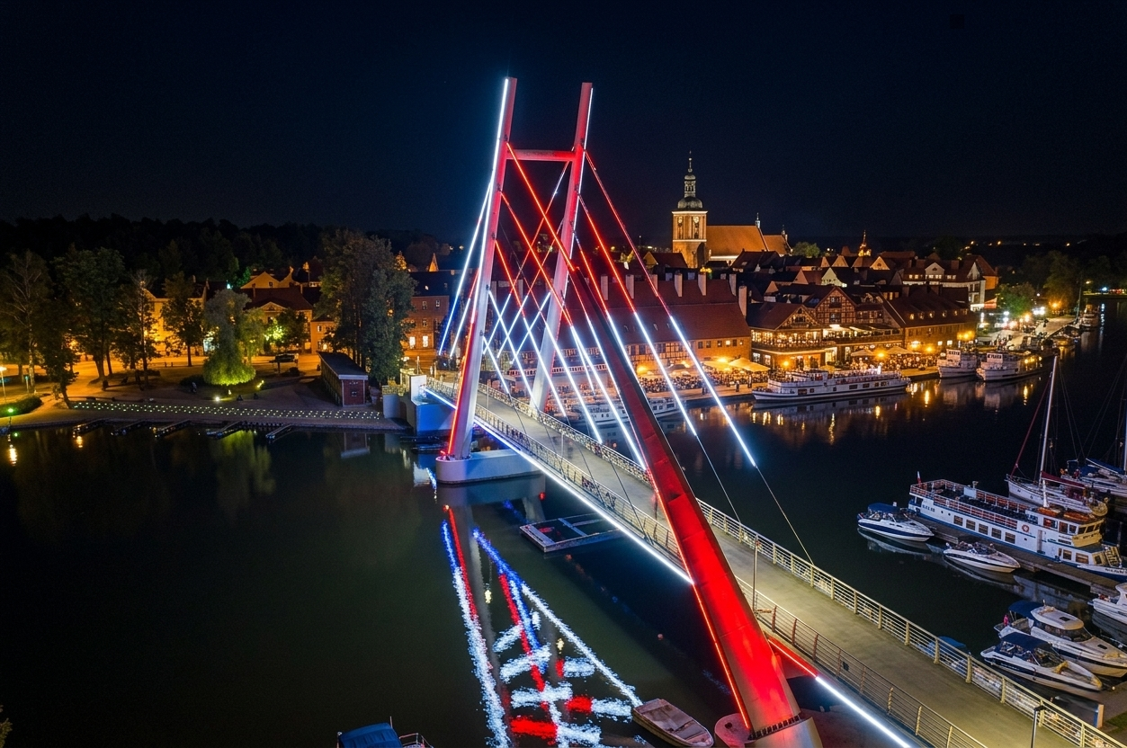 Mikołajki o zachodzie słońca - port z żaglówkami i panorama miasta z lotu drona